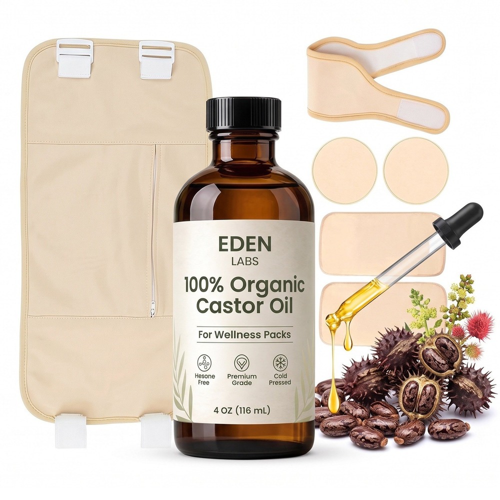 EDEN LABS Organic Castor Oil Pack Kit Bundle Wrap 4oz Cold Pressed Hexane Free